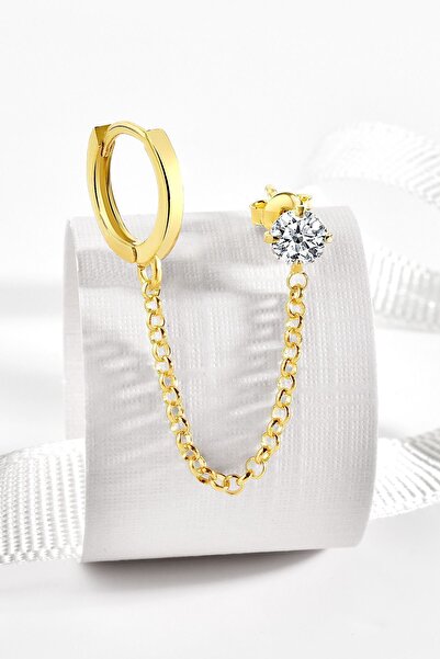 jelux silver Gümüş 925 Ayar Zirkon Taşlı Rope Model Halka Gold Tekli Küpe