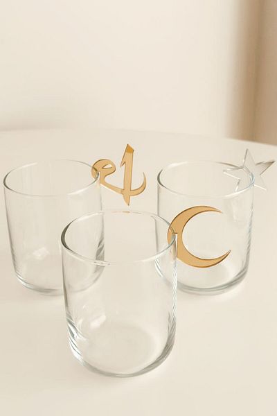 Anadolu Saray 6-Piece Mirrored Plexiglass Gold Silver Design Star Crescent and Elif Vav Motif Cup Tea Cup Edge Ornament
