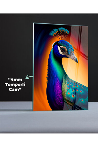 Colorful Peacock Desenli Cam Tablo - Dekoratif Cam Tablo