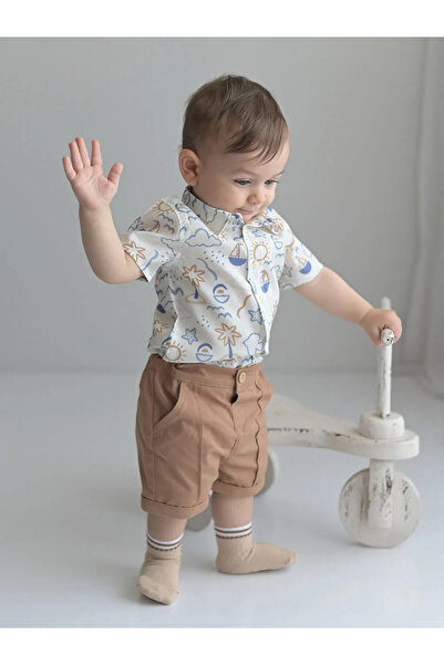LC Waikiki KANZ Ekru Kısa Kollu Baskılı Erkek Bebek Gömlek ve Şort 2'li Takım