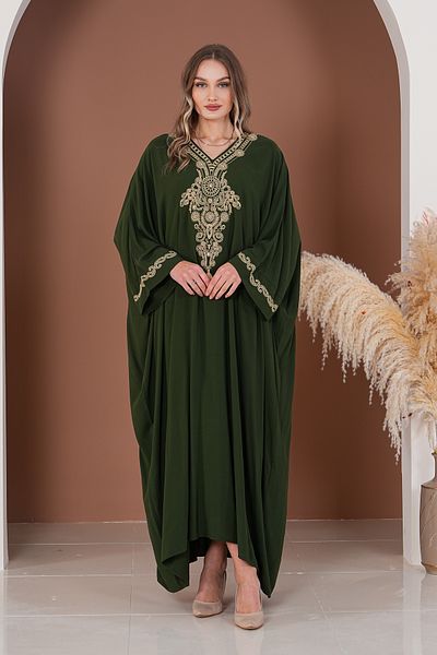 AYASOFYA OTANTIK Women's Khaki Authentic Embroidery Detailed Oversize Loose Dress