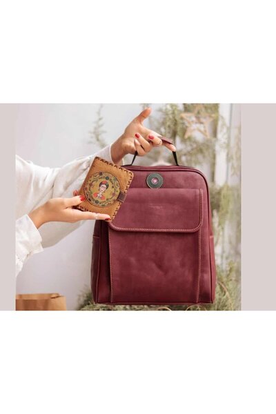 HOODİEMOUSE Sade Desen Unisex Bordo Çanta, Frida Hardal Cüzdan Hem Sırt Hem C...