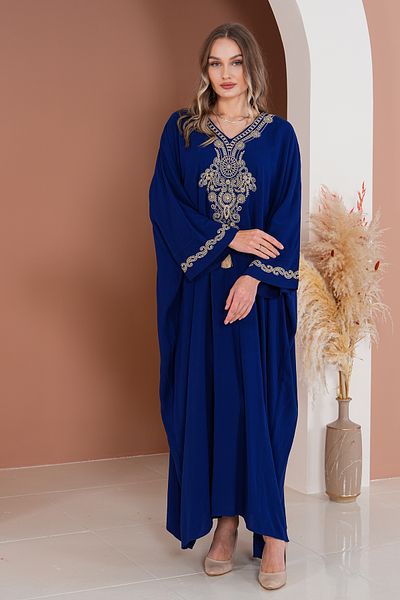 AYASOFYA OTANTIK Women's Navy Blue Authentic Embroidery Detailed Oversize Loose Dress