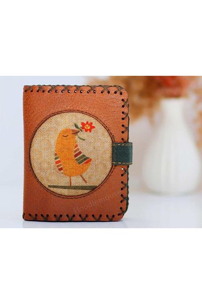 HOODİEMOUSE Small Wallet with Bird Figure Ethnic Bohemian Retro Style - Tan