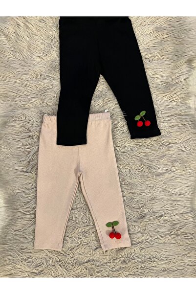 enes baby Pack of 2 Cherry Detailed Stretchy Rib Fabric Girl's Leggings