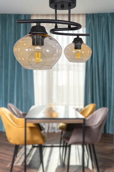 Fer Avize Fuji Modern Decorative Black Color Glass Double Chandelier Living Room - Kitchen - Bedroom