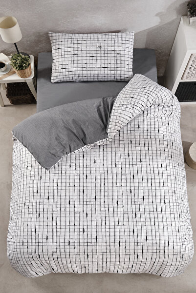 Home Aliva Home Beyaz Kareli Çarşafı Lastikli Tek Kişilik Nevresim Takımı