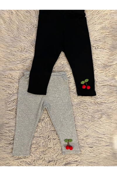 enes baby Pack of 2 Cherry Detailed Stretchy Rib Fabric Girl's Leggings