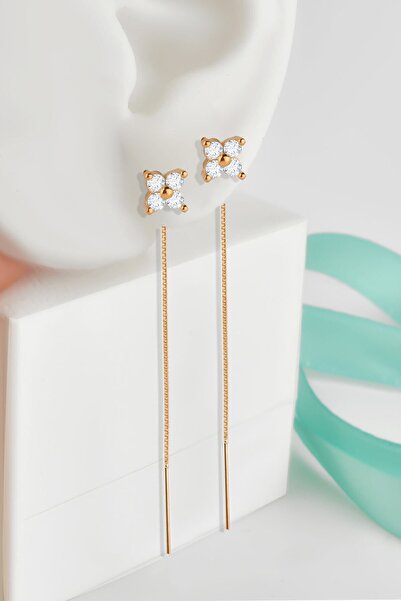 jelux silver Gümüş 925 Ayar Zirkon Taşlı Rose Ziincirli Yonca Küpe