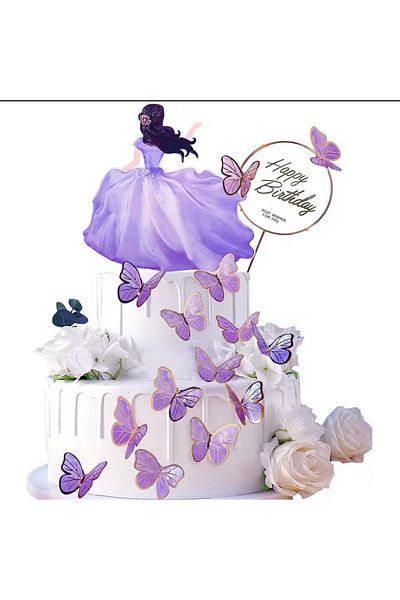 Deniz Party Store Purple 3D 21 Pack Butterfly Sticker Balloon Cake Decoration with Gold Leaf