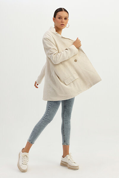 Quzu Λευκό σακάκι - Διπλό κολάρο και λεπτομέρεια με ένα κουμπί, φυσικό