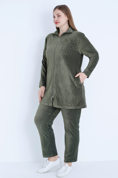 İntensive Women's Plus Size Line Print Long Sleeve Zipper Pocket Cotton Velvet Bottom Top Suit