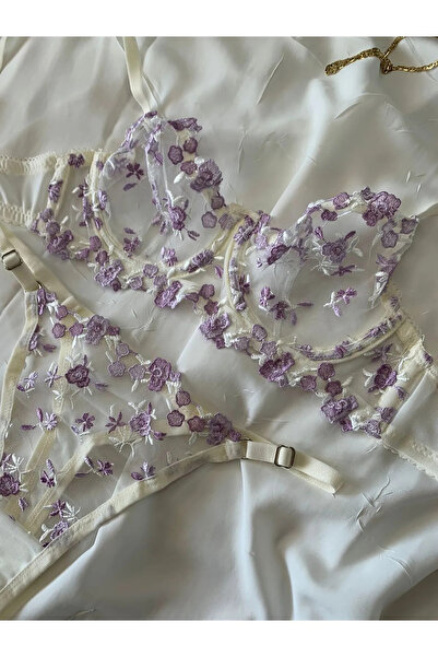 Shy Lola Lingerie Sevgililer Günü Hediyesi Lila Rengi Çiçekli Dantelli Beyaz ...