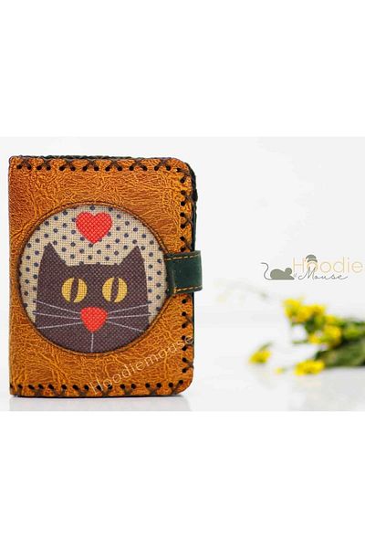 HOODİEMOUSE Cat Old Figured Small Wallet Ethnic Bohemian Retro Style - Mustard