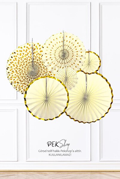 PEKSHOP Sarı Gold Yaldızlı Yelpaze Süs Seti 6lı Fan Duvar Süsü Sarı Gold Vara...