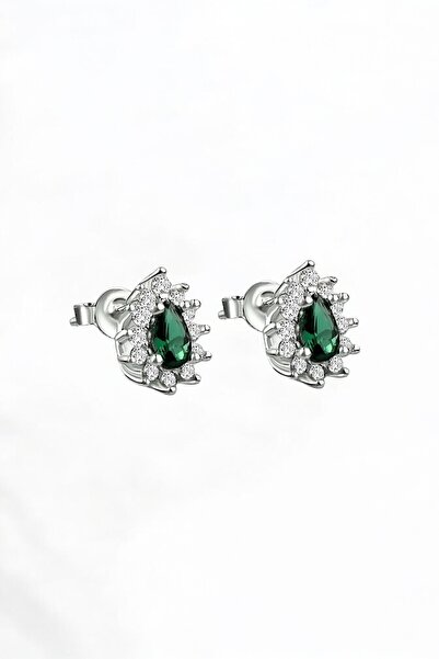 jelux silver Gümüş 925 Ayar Çivili Zirkon Taşlı Anturajlı Damla Zümrüt Küpe
