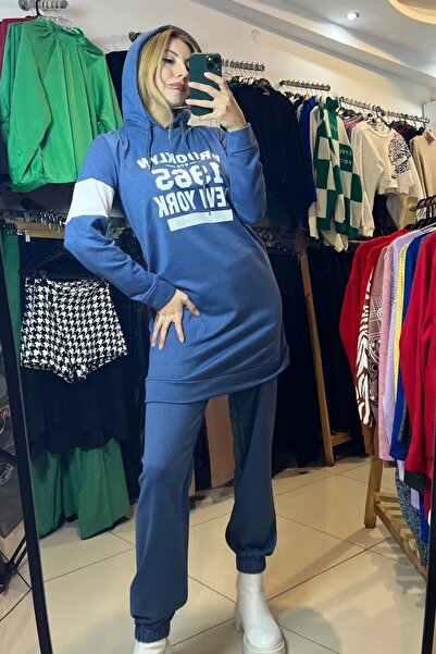 Çeşme Home Kadın Kapüşonlu Tunik Lastikli Paça Baskılı Mavi Eşofman Takımı