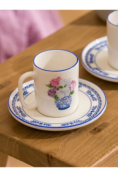 LC Waikiki Lcw Home Blue Floral Printed 2-Person Porcelain Coffee Cup Set