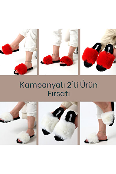olgun slipper 2li Tüylü Şık Ev Terliği Kırmızı-Beyaz