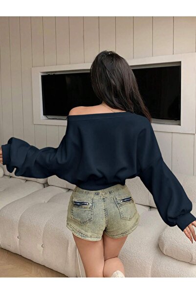 meren like your style Темно-синій жіночий світлий однотонний асиметричний комір довгий рукав світшот