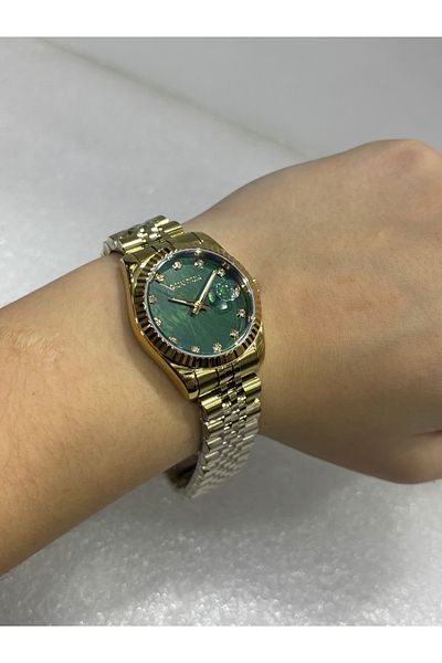 Quantum Classic 100% Steel Impulse Zemrute Green Dial Gold Women's Wristwatch with 32 mm 5 Atm Date