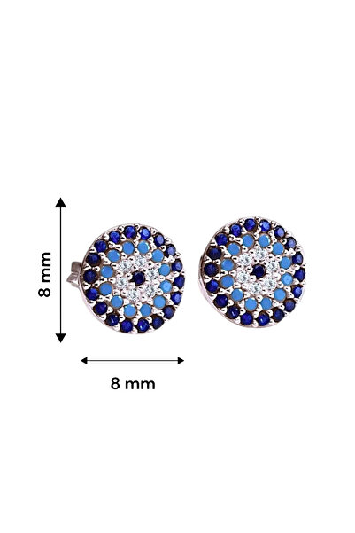 jelux silver Gümüş 925 Ayar 8 Mm Nazar Boncuğu Zirkon Taşlı Çivili Rose Renkli Küpe