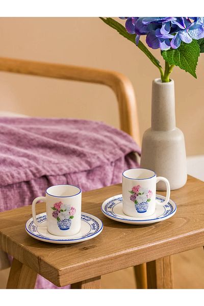 LC Waikiki Lcw Home Blue Floral Printed 2-Person Porcelain Coffee Cup Set