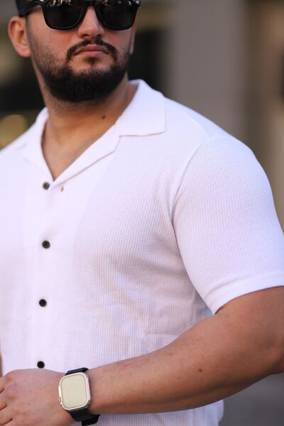 Trendseninle Ανδρικό λευκό πλεκτό κοντομάνικο πουκάμισο