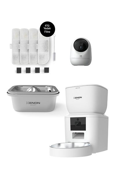 Xenon Smart Smart Cat Food Bowl - 4L Steel Hopper Water Bowl Smart Camera and 4 Replacement Filters Set White