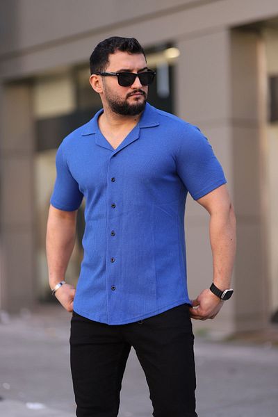 Trendseninle Ανδρικό Saks Μπλε πλεκτό κοντομάνικο πουκάμισο