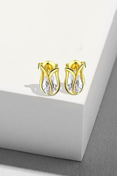 jelux silver Gümüş 925 Ayar Lale Model Zirkon Taşlı Gold Çivili Küpe