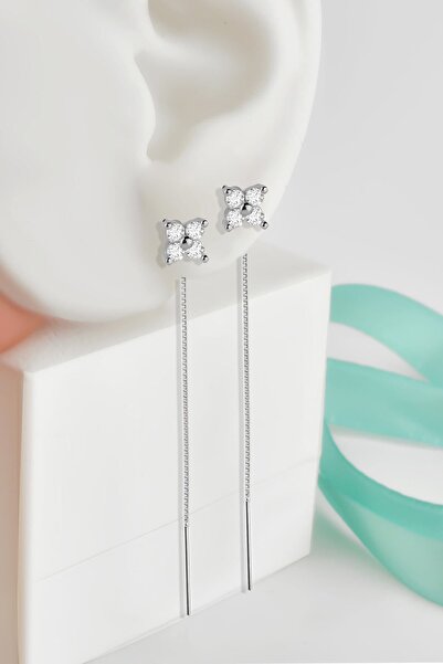 jelux silver Gümüş 925 Ayar Zirkon Taşlı Zincirli Yonca Küpe