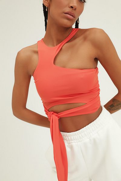 Quzu Decollete Detailed Tie-Up Blouse Orange
