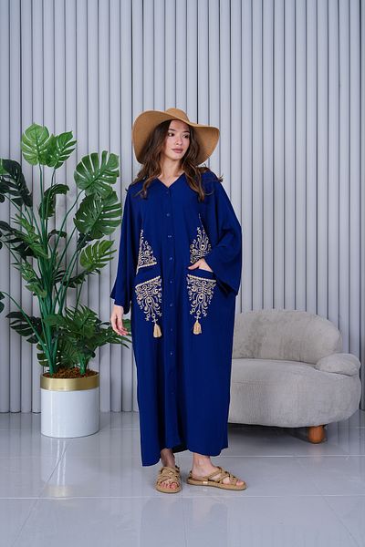 AYASOFYA OTANTIK Rochie de damă bleumarin cu broderie de broderie, supradimensionată, cămașă lejeră