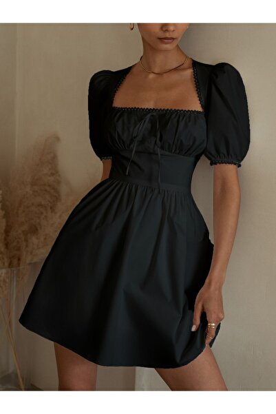 Edela Rochie neagră cu mânecă pepene verde cu guler pătrat 6025