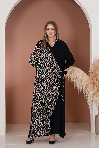 AYASOFYA OTANTIK Rochie de damă neagră cu imprimeu leopard, cu detaliu de șireturi, supradimensionată