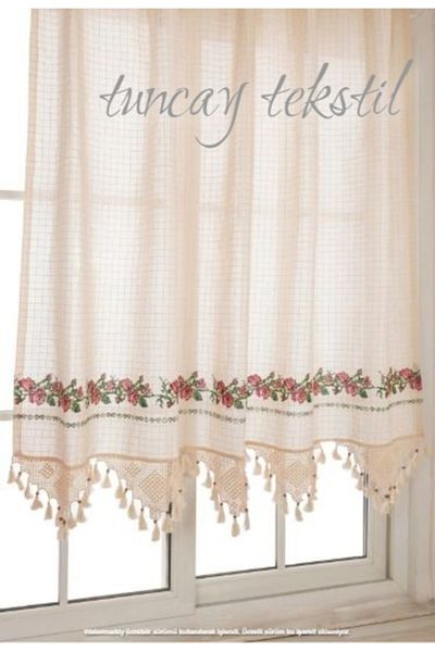 TUNCAY TEKSTİL Red Cross Stitched Buldan Work Cross Stitch Hand Lace Canvas Linen Curtain