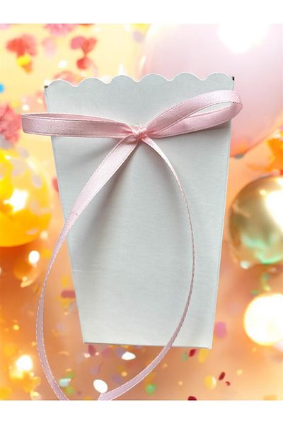 Deniz Party Store White Popcorn Corn Box with Pink Ribbon 8 Pcs