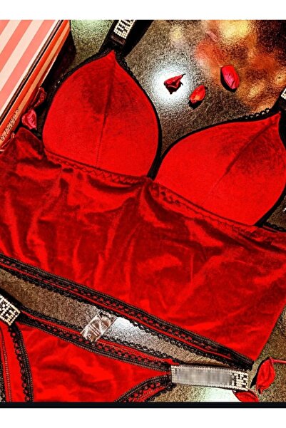 LORENZ Love Secret Kırmızı kadife desteksiz büstiyer takım