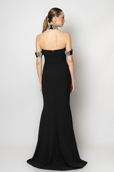 RENGIN Yakası ve boynu daire taş aksesuarlı krep abiye elbise