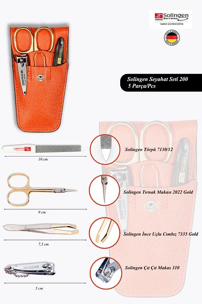 Solingen 5-Piece Manicure Set 200 – Stainless Steel, Orange Leather Case, Ideal for Travel