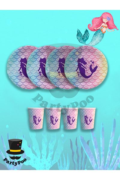 PartyPoo Mermaid Themed Set of 8 Plates and Cups |   Birthday Party Ornament and Decoration
