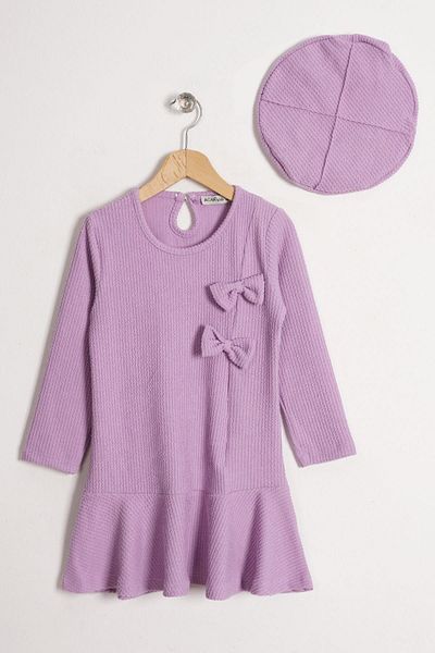 zepkids Crew Neck Bow Detailed Lilac Girl's Dress with Hat Accessories