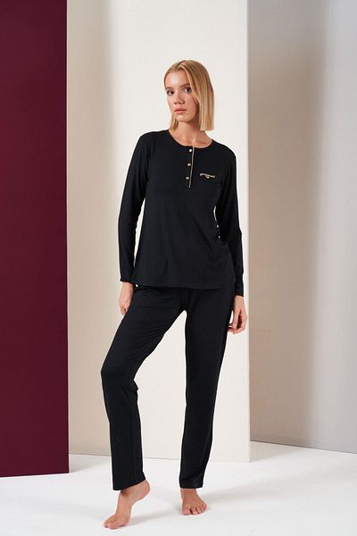 PJS 26037 Costum de pijama cu mânecă lungă cu plăcuță pentru femei