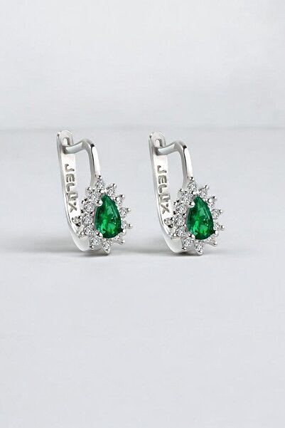 jelux silver Gümüş 925 Ayar Zümrüt Zirkon Taşlı Damla Anturaj Küpe