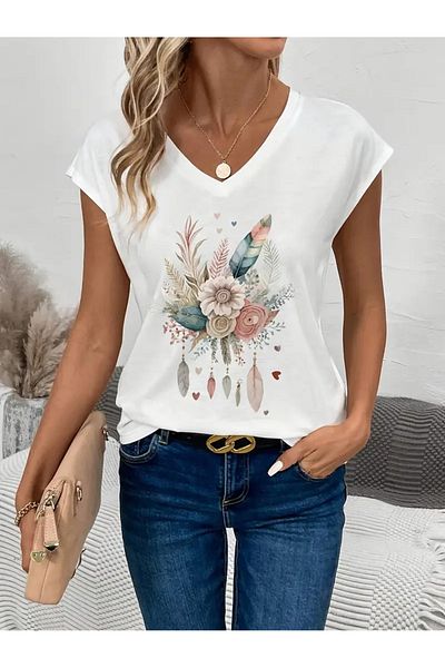 mercoledi Casual Boyfirend - Μπλουζάκι με λαιμόκοψη σε V με φλοράλ στάμπα
