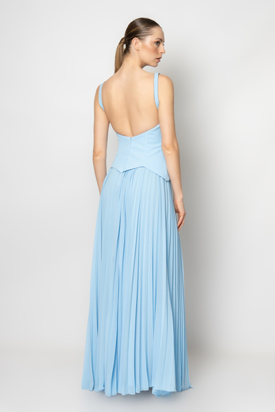 RENGIN Yakası ve göğüs altı taş şeritli şifon pilisoley etekli abiye elbise