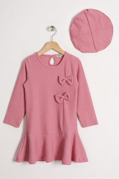 zepkids Rochie pentru fetiță de culoare Dusty Rose, cu fundă, cu decolteu, cu accesorii pentru pălărie