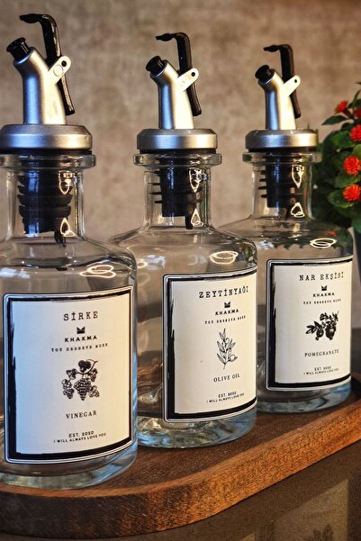 KHAKMA Transparent 3-Piece 250 Ml Olive Oil Vinegar Pomegranate Syrup Oil Pot with Wooden Stand White