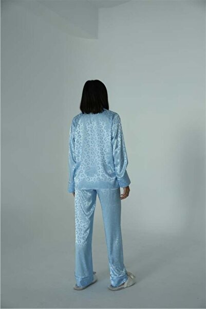 COCCOLARSI Tigre Affascinante Bebe Mavisi Jakarlı Saten Uzun Pijama Takımı